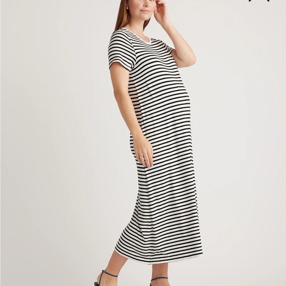 Quince Black and White Striped Nursing-Friendly Maxi Dress